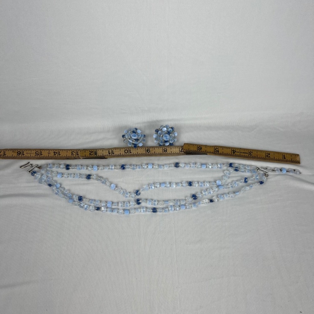 Vtg 50s 60s W Germany Blue Glass Beaded Choker Necklace‎ & Matching Earrings Set - Picture 9 of 14